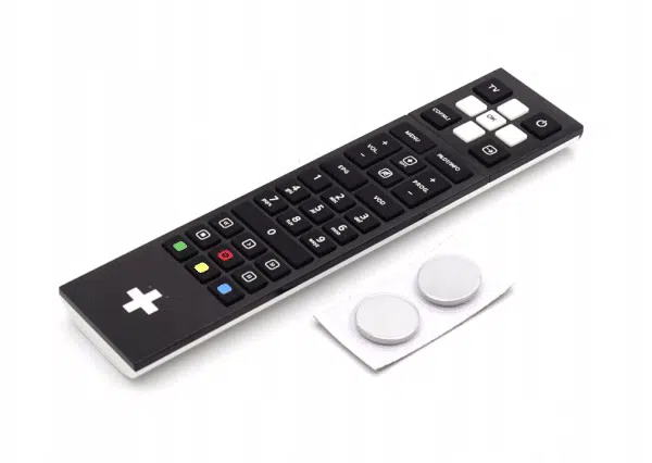 Black television remote and two batteries on white.