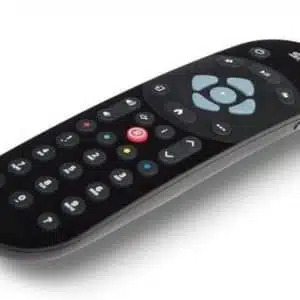 Black and silver modern TV remote control.