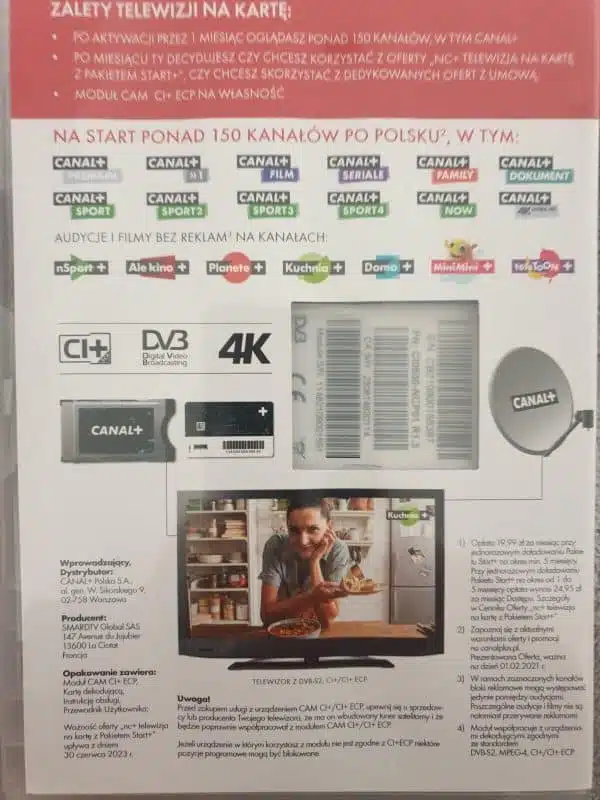 Advertisement for television subscription service with channels list.