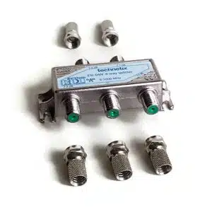 Four-way coaxial cable splitter and connectors.