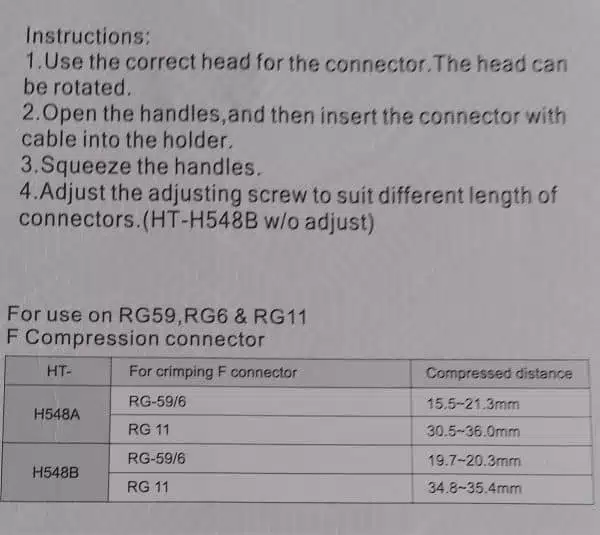 Crimping tool instructions and specifications for connectors.