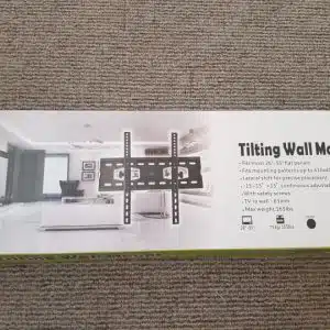 Tilting wall mount packaging for flat panels.