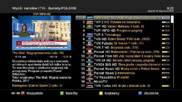 TV guide screen showing Polish TV channel lineup.