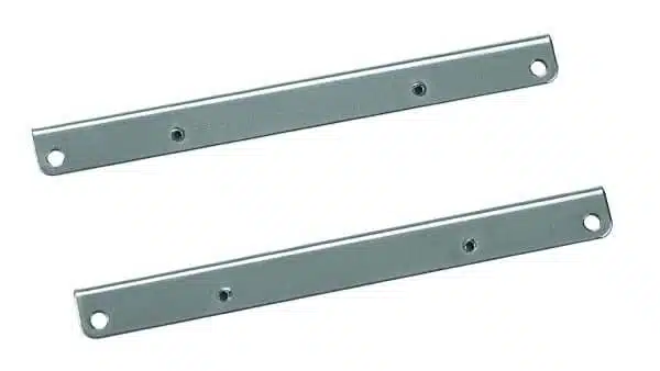Two metal flat brackets with screw holes.