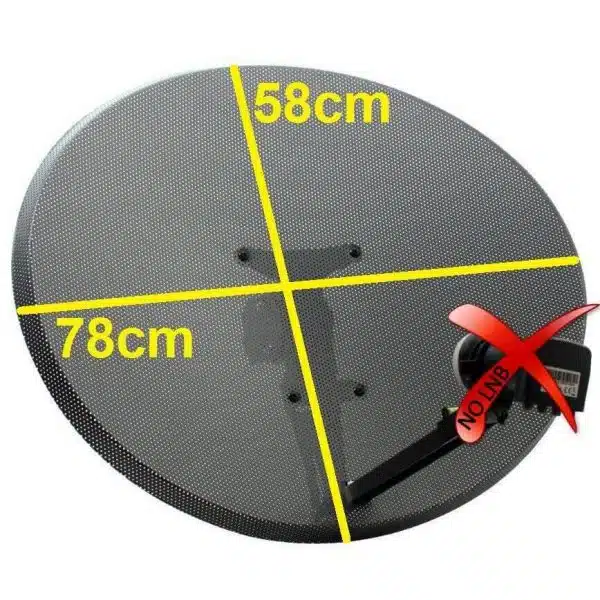 Round satellite dish with dimensions and noise label.