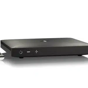 Black streaming media player with remote control.