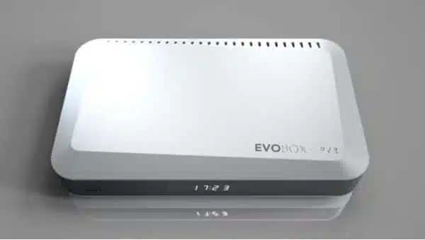 White modern EVOBOX PVR cable box on gray.
