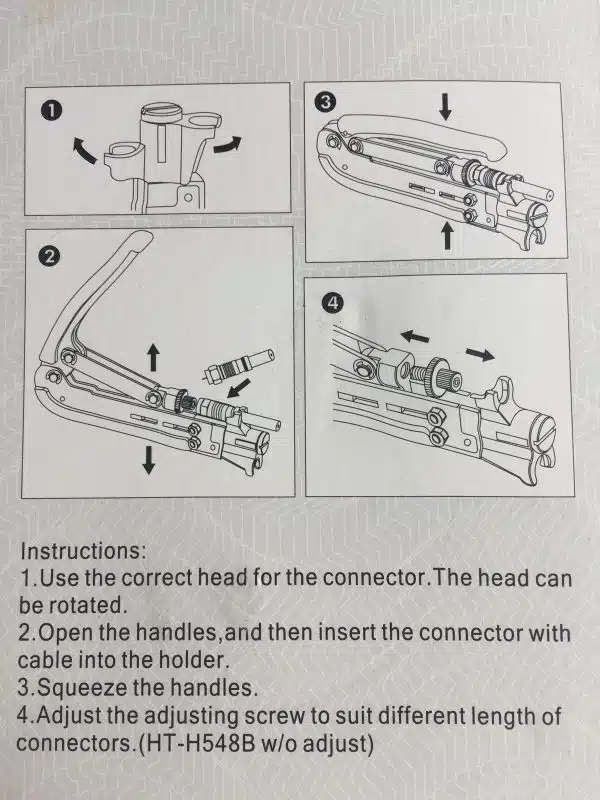 Instructional images for cable connector tool usage.