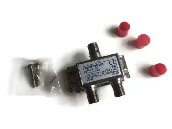 Coaxial cable splitter with connectors and caps.