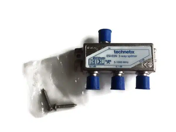 Technetix 3-way cable splitter with screws on white background.
