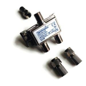 Industrial coaxial cable splitter with connectors.