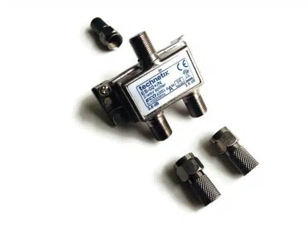 Industrial coaxial cable splitter with connectors.