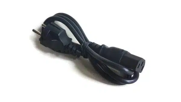 Black power cable with plug on white background.