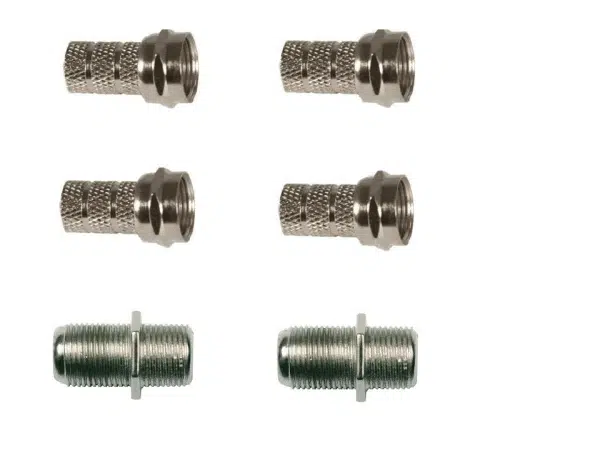 Six metallic coaxial cable connectors isolated on white.