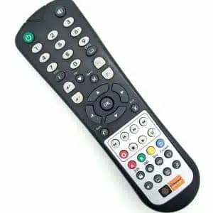 Black universal TV remote control on white background.