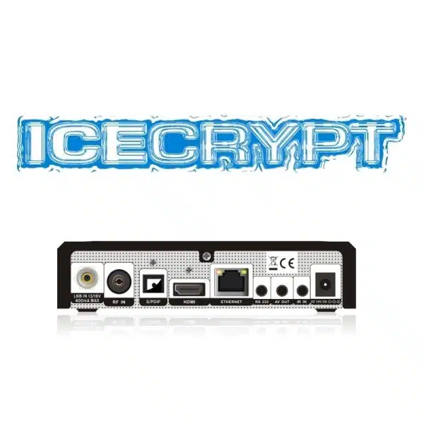 Icecrypt logo and satellite receiver back panel connectors.