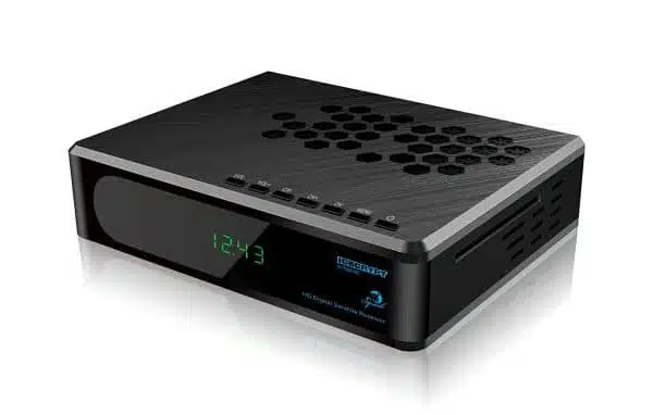 Black digital satellite receiver with clock display.