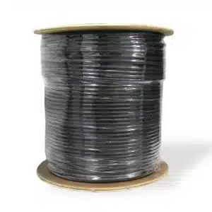 Industrial spool of black cable on white background.