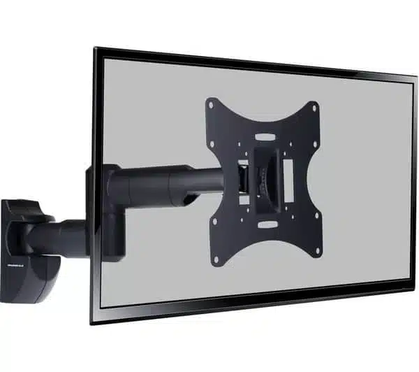 Flat screen TV mounted on wall bracket.
