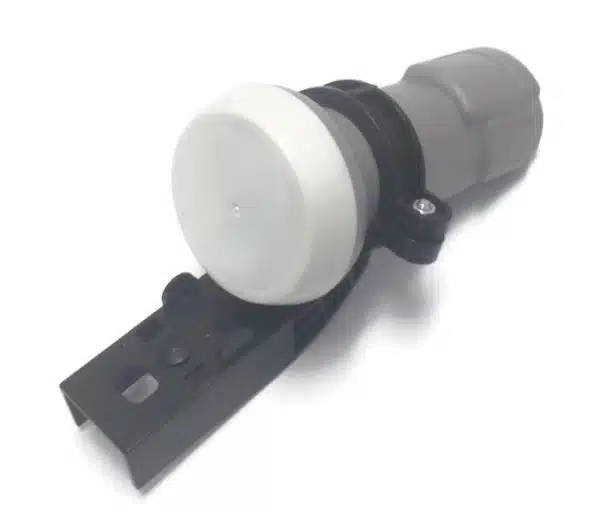 Industrial ultrasonic sensor on white background.