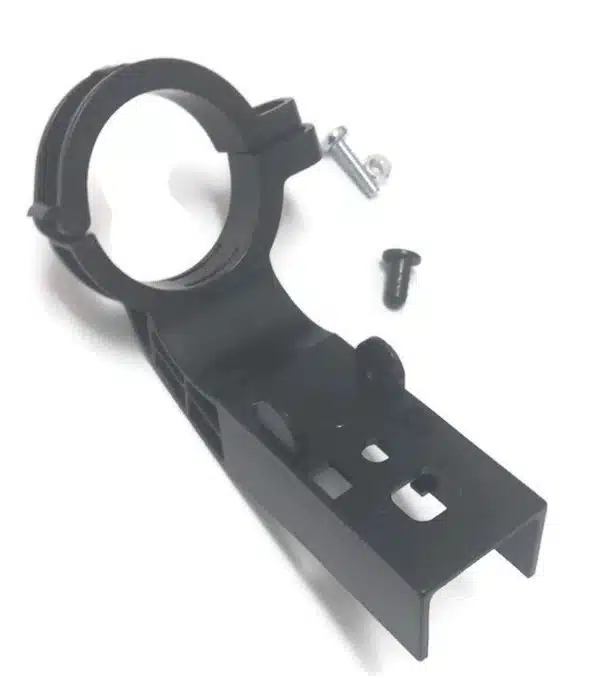 Black flashlight mount with screws on white background.