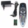 Universal remote control with power adapter and batteries.