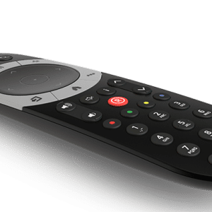 Modern black streaming TV remote control on dark background.