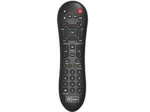 Black universal TV remote control on white background.