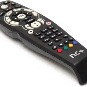 Black television remote control with buttons.