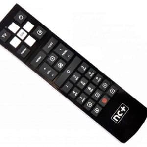 Black television remote control on white background.