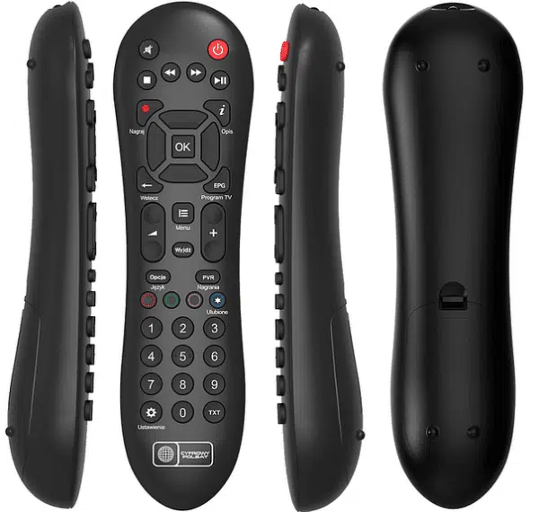 Black universal TV remote control multiple views.