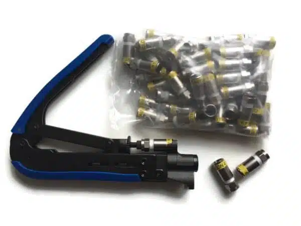 Crimping tool with cable connectors.