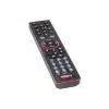 Black and red TV remote control on white background.