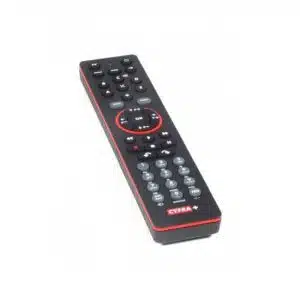 Black and red TV remote control on white background.