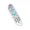 White TV remote control with colored buttons.