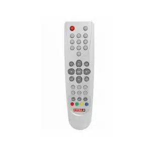 Gray television remote control with buttons.