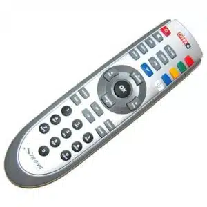 Silver TV remote control with buttons.