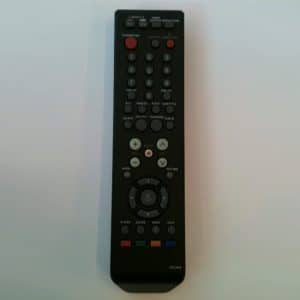 Black universal TV remote control on white.