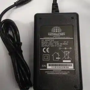 Black AC adapter with specifications label.