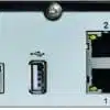 Electronic device rear panel with multiple input-output ports.