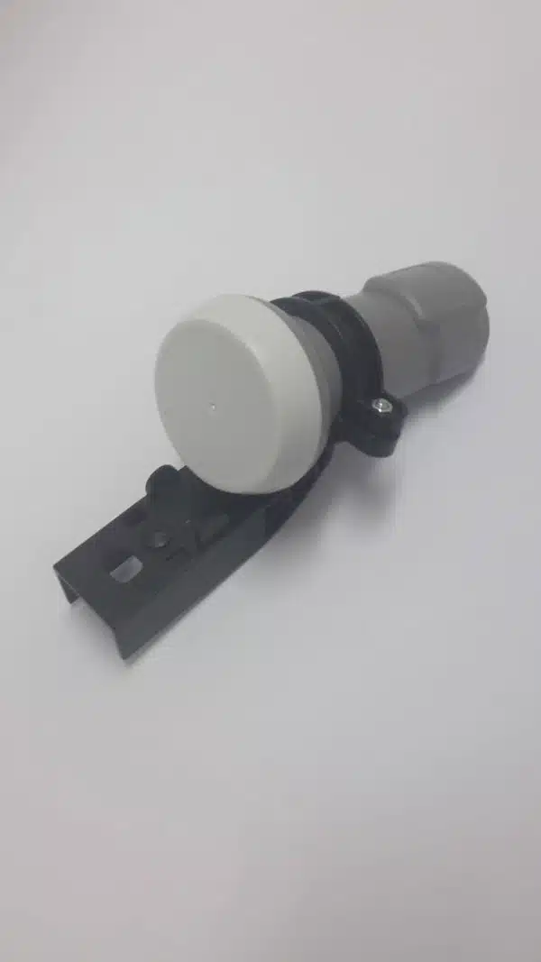 Industrial ultrasonic sensor on white background.