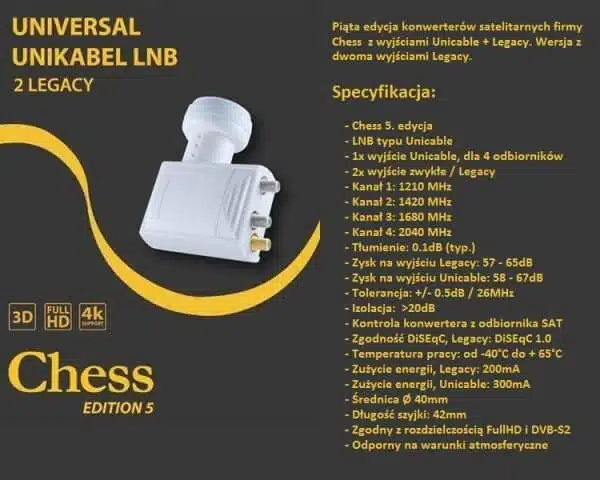 Universal Chess Edition 5 satellite LNB with specifications.