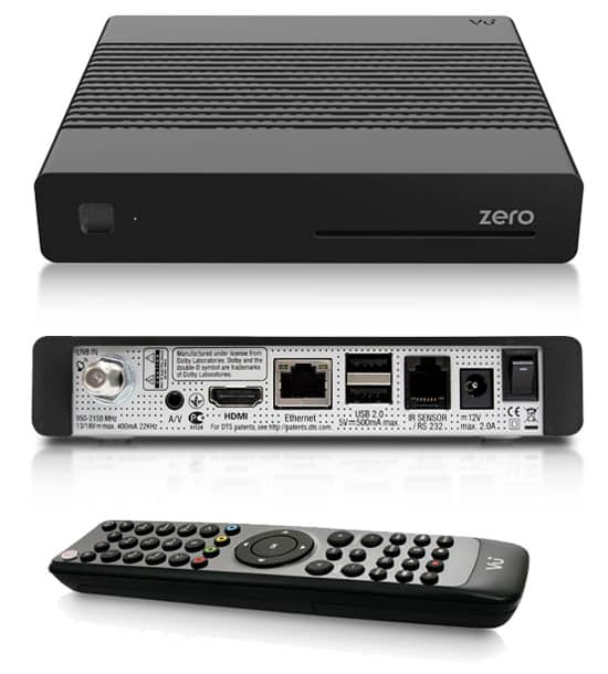 Set-top box with remote control and rear connection ports.