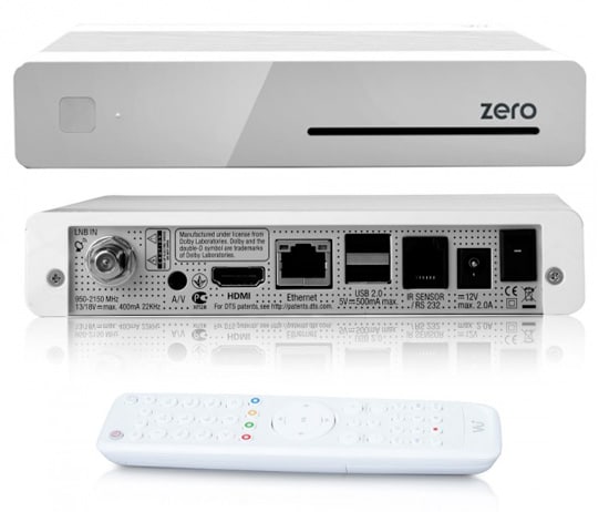 Digital receiver box with remote and rear connectivity ports.