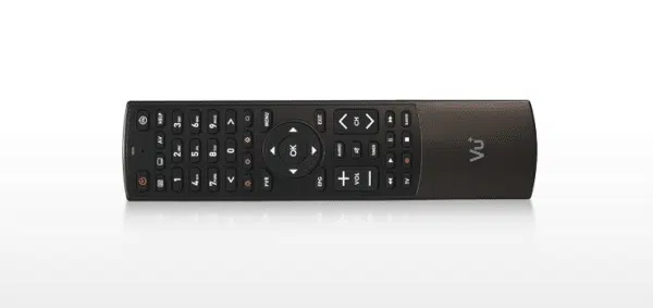 Black Vu+ universal remote control on white background.