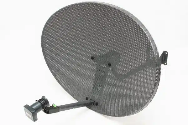 Black satellite dish isolated on white background.
