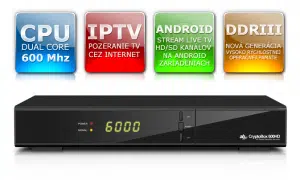 CryptoBox 600HD IPTV Android streaming device with features icons.