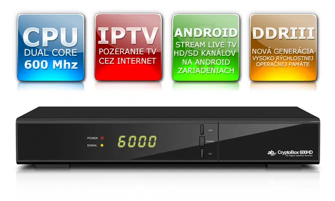 CryptoBox 600HD IPTV Android streaming device with features icons.