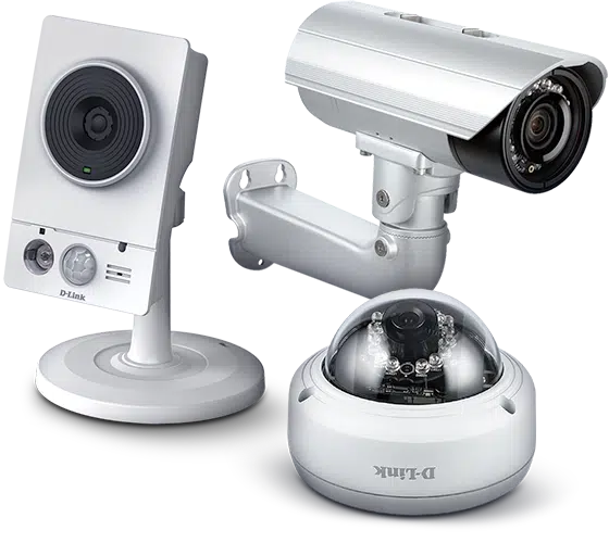 Three different types of security cameras.