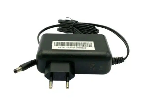 Black laptop power adapter with cord and plug.
